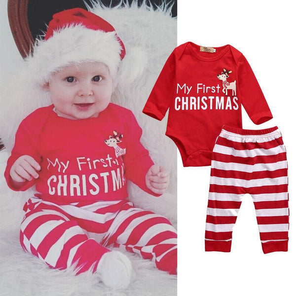 My First Christmas Baby Romper With Striped Pants